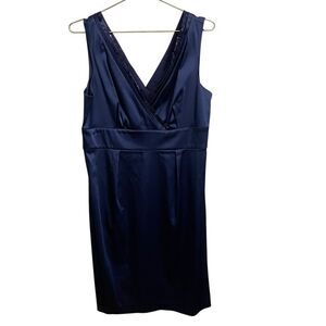 Calvin Klein Sheath Dress Royal Blue Satin Sequin V Neck Trim Sleeveless Size 14